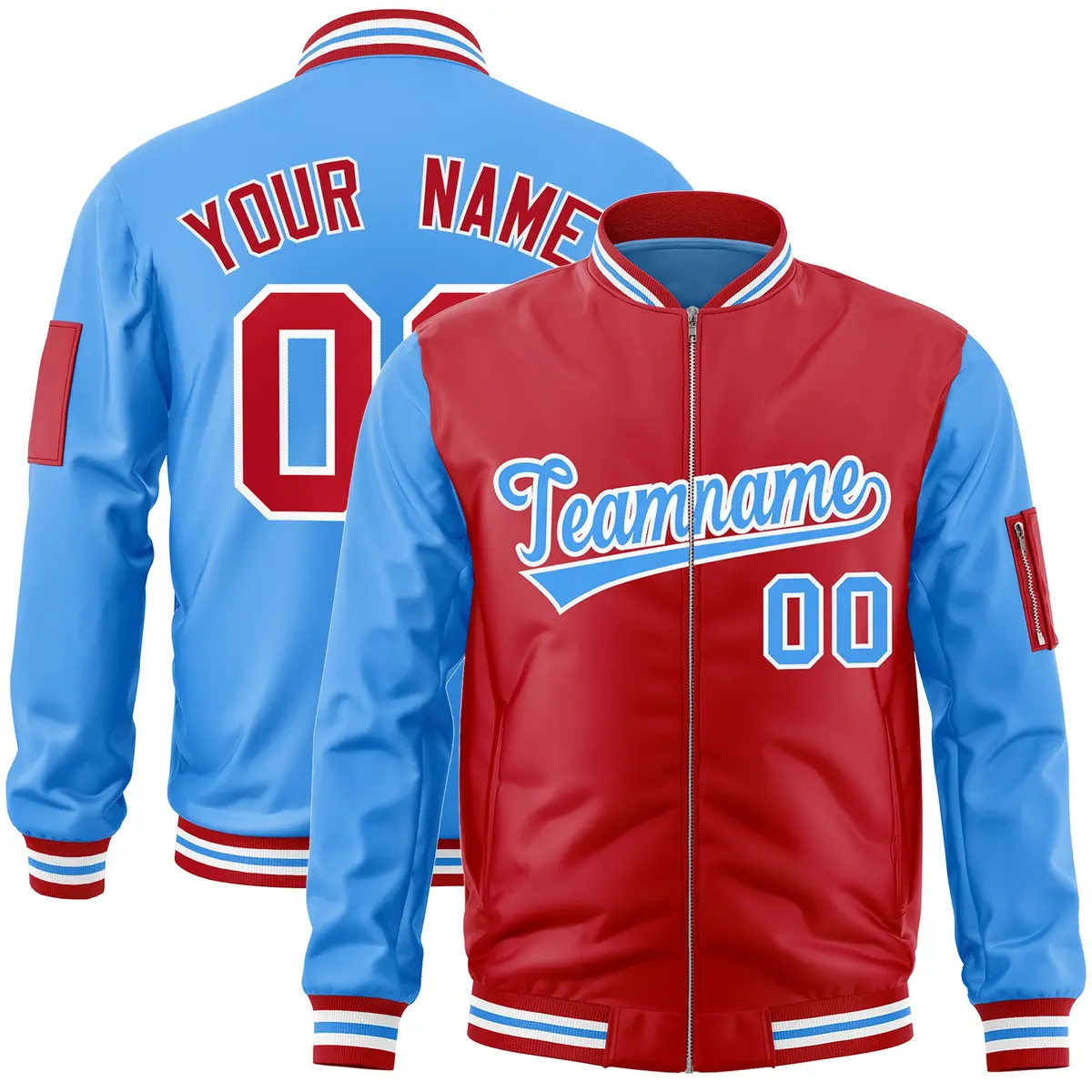 Red Powder Blue Two-Tone Varsity Letterman Bomber Jacket