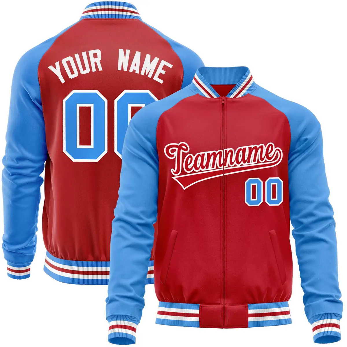 Red Powder Blue Varsity Full-Zip Raglan Letterman Baseball Jacket
