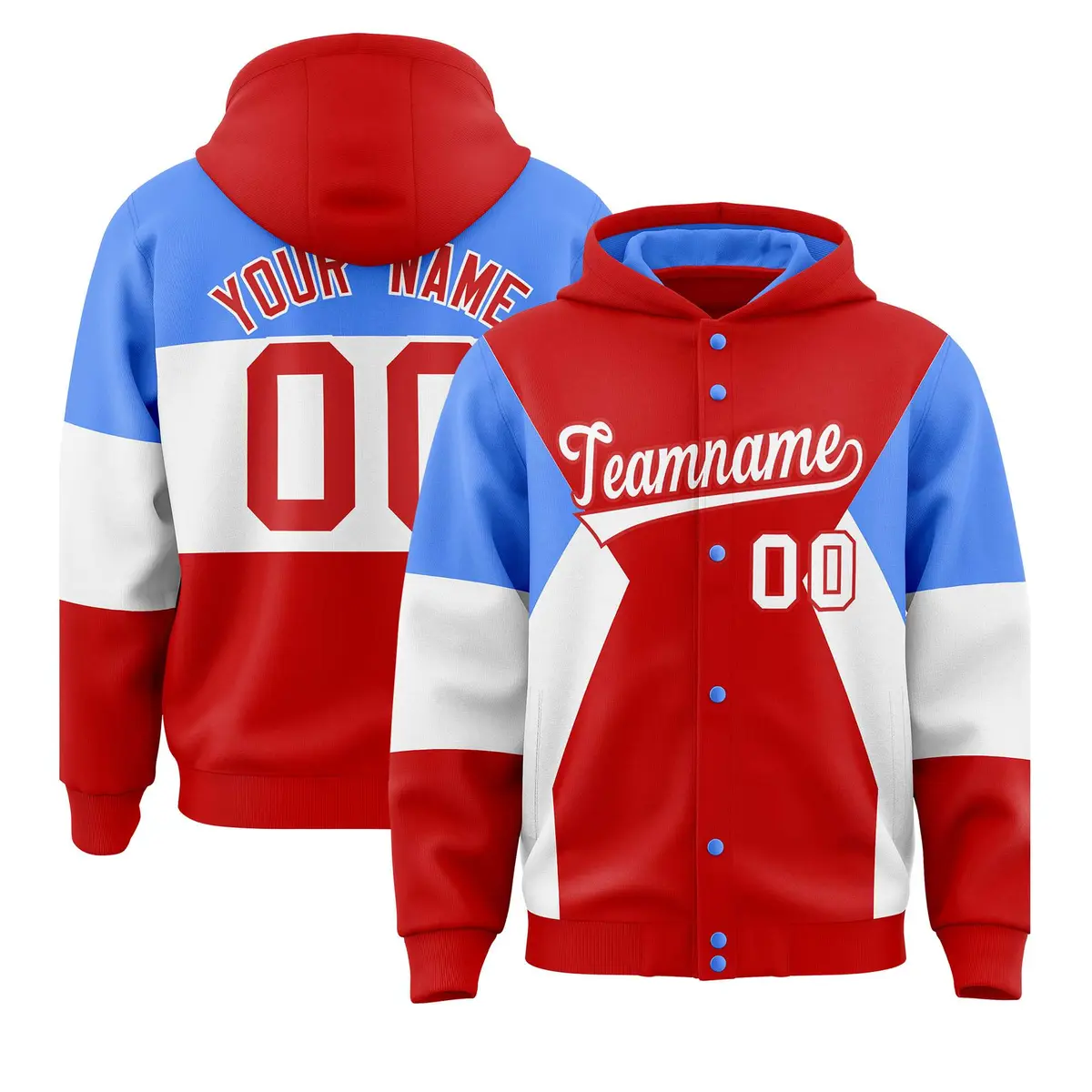 Red Powder Blue-White Color Block Varsity Full-Snap Letterman Jacket Hoodie