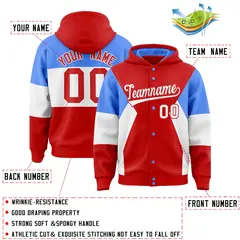 Red Powder Blue-White Color Block Varsity Full-Snap Letterman Jacket Hoodie 4