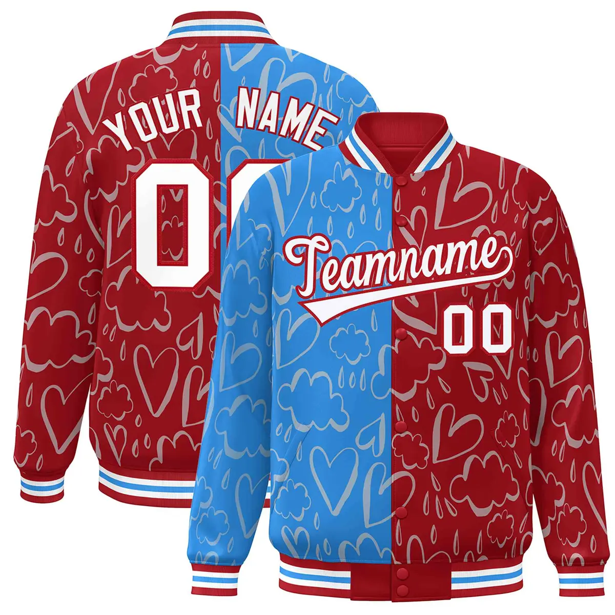 Red Powder Blue-White Graffiti Pattern Split Letterman Bomber Jacket