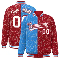 Red Powder Blue-White Graffiti Pattern Split Letterman Bomber Jacket