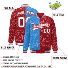 Red Powder Blue-White Graffiti Pattern Split Letterman Bomber Jacket 2