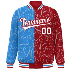 Red Powder Blue-White Graffiti Pattern Split Letterman Bomber Jacket 3