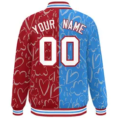 Red Powder Blue-White Graffiti Pattern Split Letterman Bomber Jacket 4