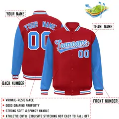 Red Powder Blue-White Raglan Varsity Full-Snap Letterman Jacket 2