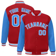 Red Powder Blue-White Raglan Varsity Full-Snap Letterman Jacket 1