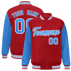 Red Powder Blue-White Raglan Varsity Full-Snap Letterman Jacket 1