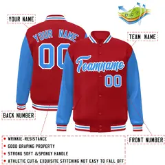 Red Powder Blue-White Raglan Varsity Full-Snap Letterman Jacket 2