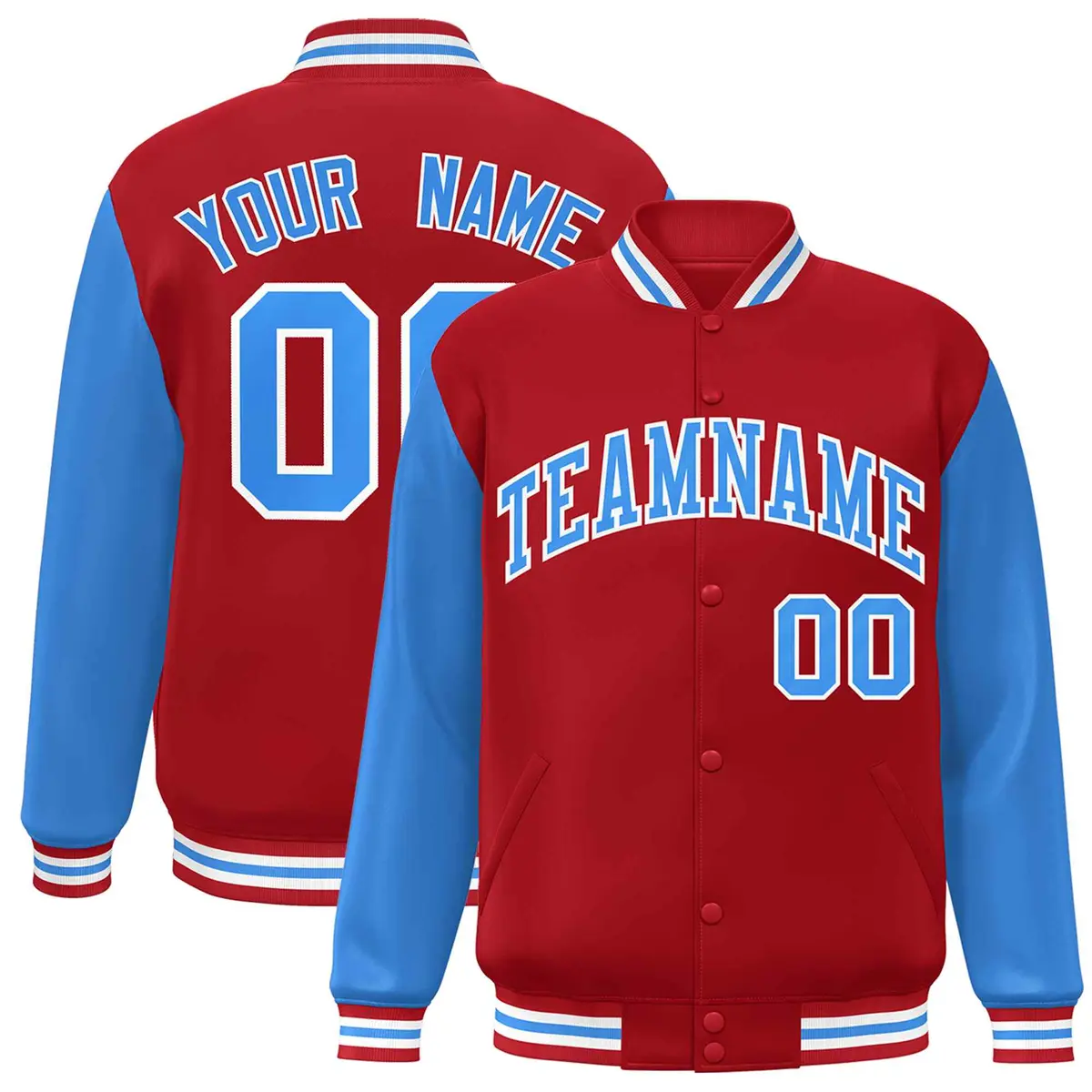 Red Powder Blue-White Raglan Varsity Full-Snap Letterman Jacket