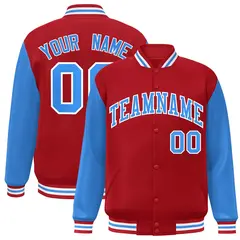 Red Powder Blue-White Raglan Varsity Full-Snap Letterman Jacket 1