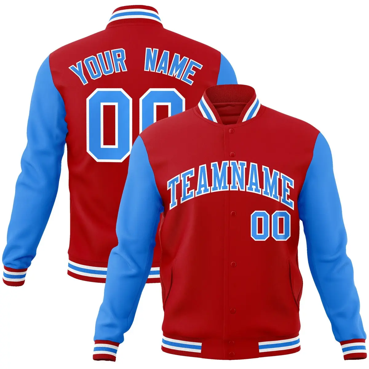 Red Powder Blue-White Raglan Varsity Full-Snap Letterman Jacket