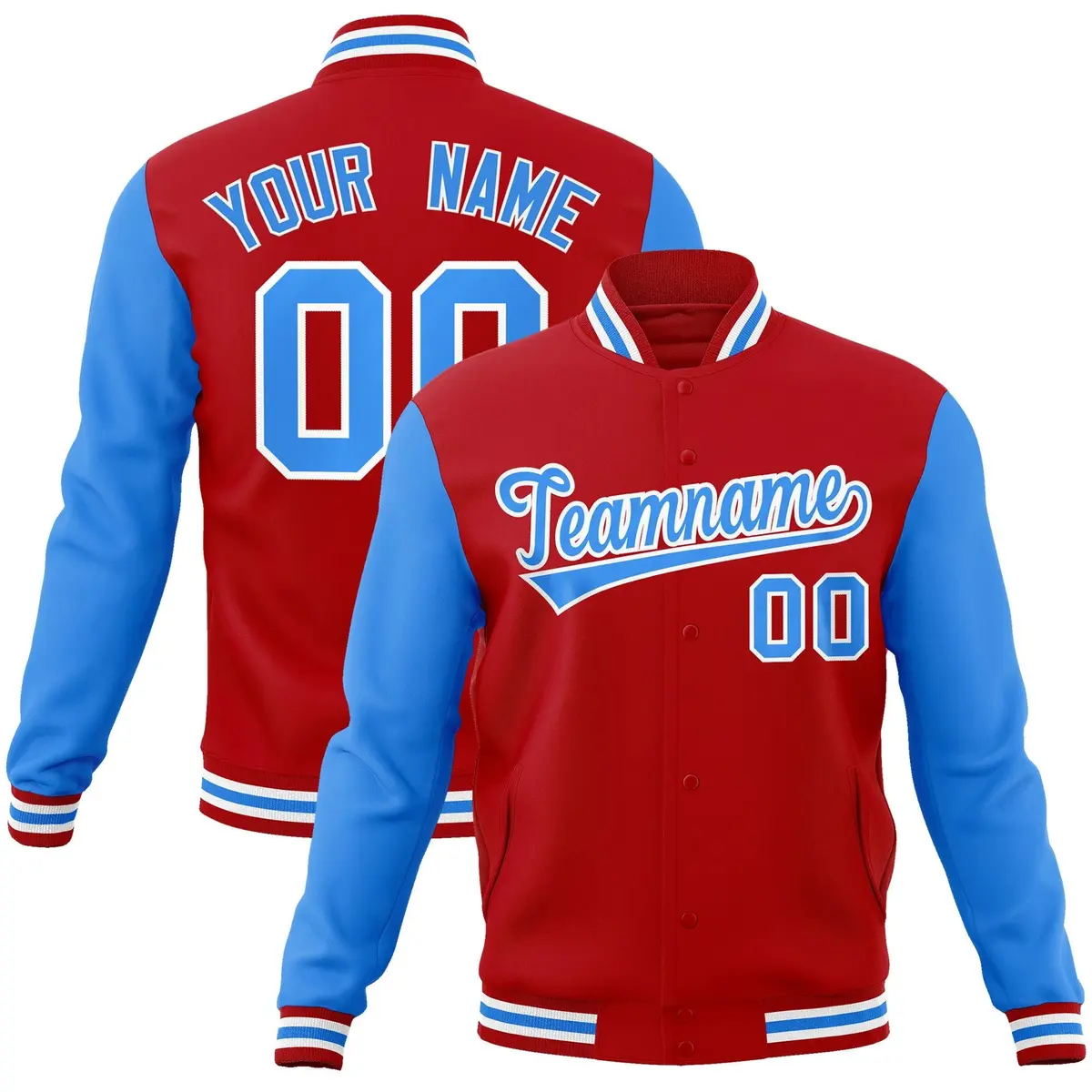 Red Powder Blue-White Raglan Varsity Full-Snap Letterman Jacket