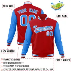 Red Powder Blue-White Raglan Varsity Full-Snap Letterman Jacket 4