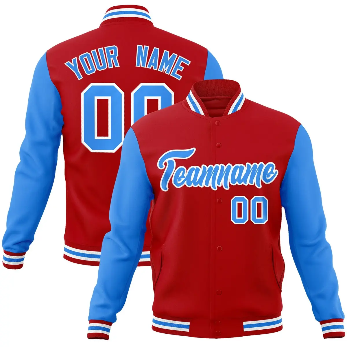 Red Powder Blue-White Raglan Varsity Full-Snap Letterman Jacket