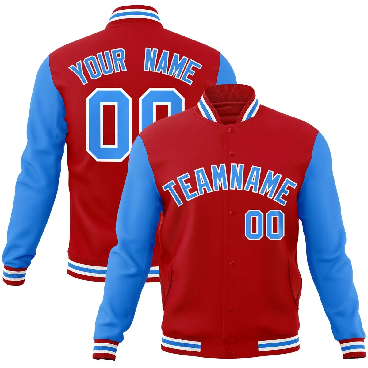 Red Powder Blue-White Raglan Varsity Full-Snap Letterman Jacket