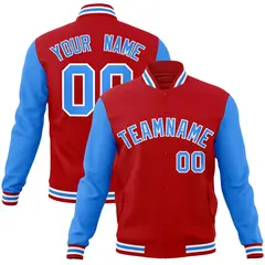 Red Powder Blue-White Raglan Varsity Full-Snap Letterman Jacket 1