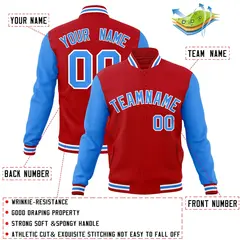 Red Powder Blue-White Raglan Varsity Full-Snap Letterman Jacket 4