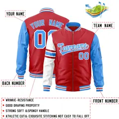 Red Powder Blue-White Stripe Raglan Varsity Full-Zip Letterman Bomber Jacket 2