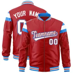 Red Powder Blue-White Varsity Full-Zip Shoulder Color Block Letterman Bomber Jacket 1