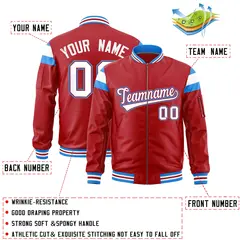 Red Powder Blue-White Varsity Full-Zip Shoulder Color Block Letterman Bomber Jacket 2
