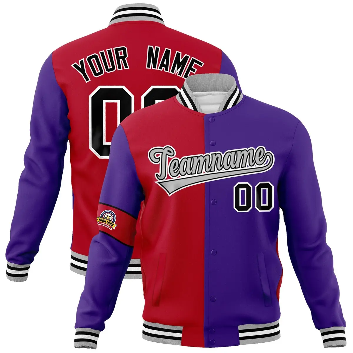 Red Purple-Gray Two Tone Split Letterman Varsity Jacket