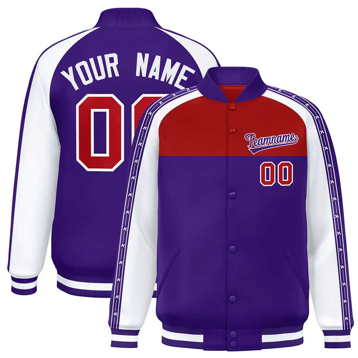 Red Purple K-Ribbon Raglan Color Block Full-Snap Letterman Jacket