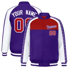 Red Purple K-Ribbon Raglan Color Block Full-Snap Letterman Jacket 1