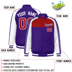 Red Purple K-Ribbon Raglan Color Block Full-Snap Letterman Jacket 2