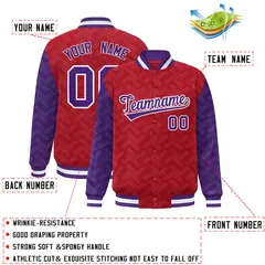 Red Purple L Pattern Varsity Raglan Letterman Baseball Jacket 2