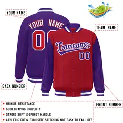 Red Purple Pinstripe Raglan Varsity Letterman Baseball Jacket 2