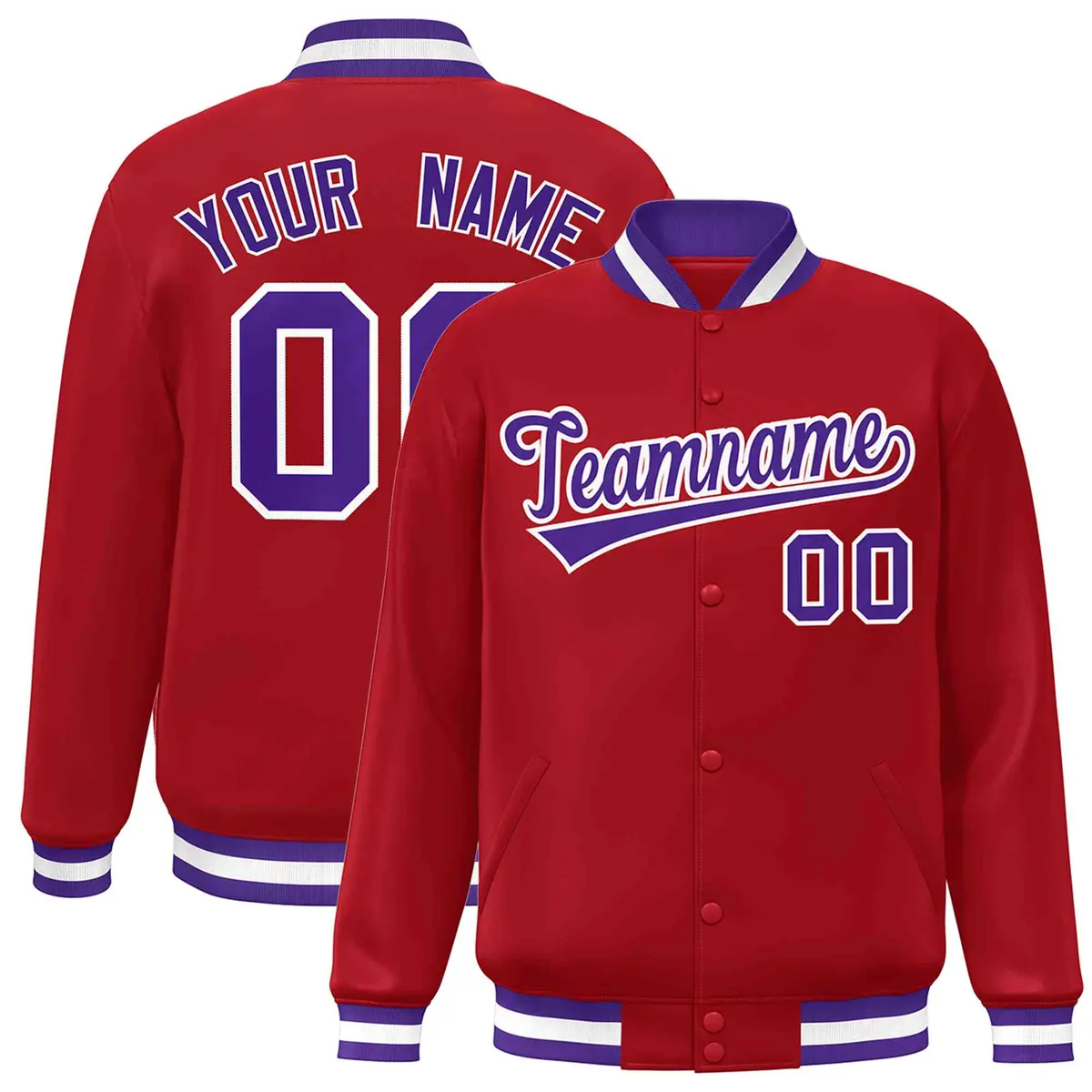 Red Purple-White Classic Varsity Full-Snap Letterman Jacket