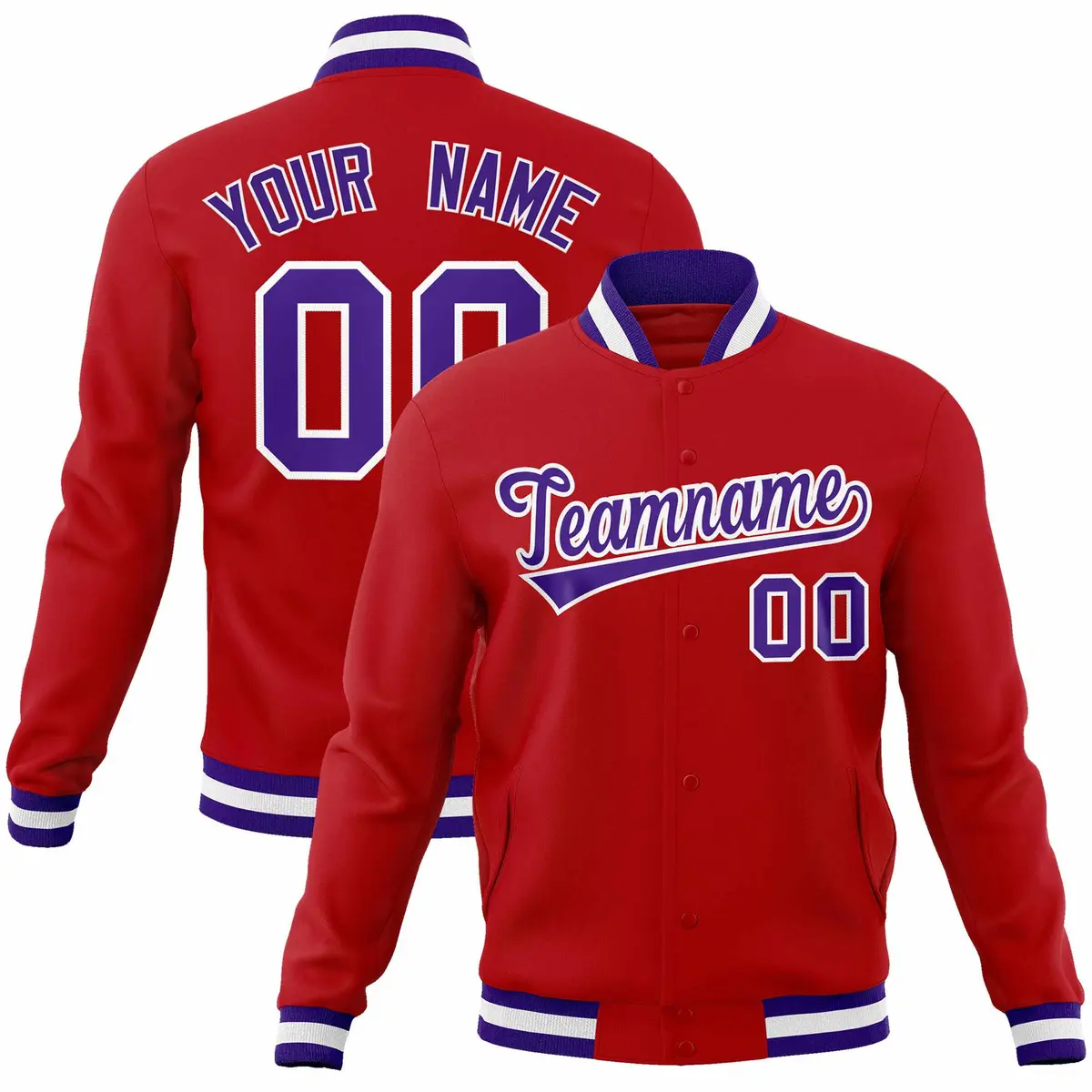 Red Purple-White Classic Varsity Full-Snap Letterman Jacket