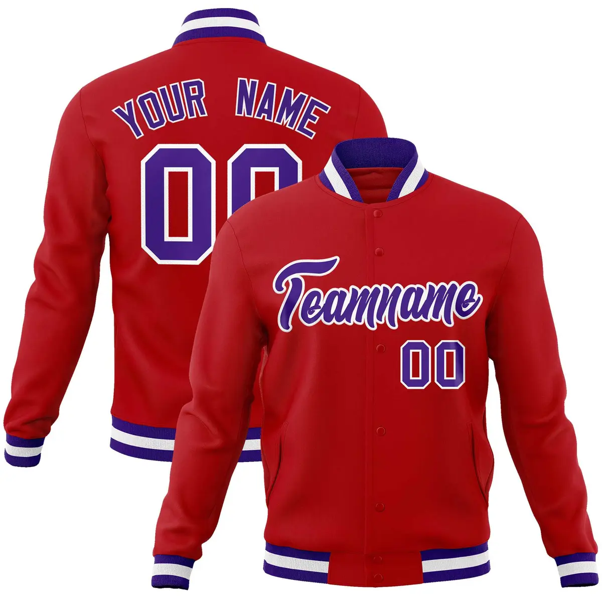 Red Purple-White Classic Varsity Full-Snap Letterman Jacket