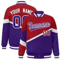 Red Purple-White Color Block Varsity Bomber Baseball Jacket 1