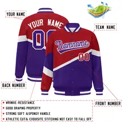 Red Purple-White Color Block Varsity Bomber Baseball Jacket 2