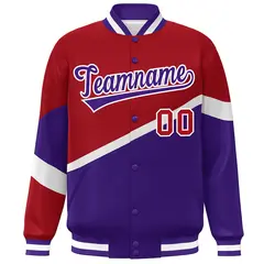 Red Purple-White Color Block Varsity Bomber Baseball Jacket 3
