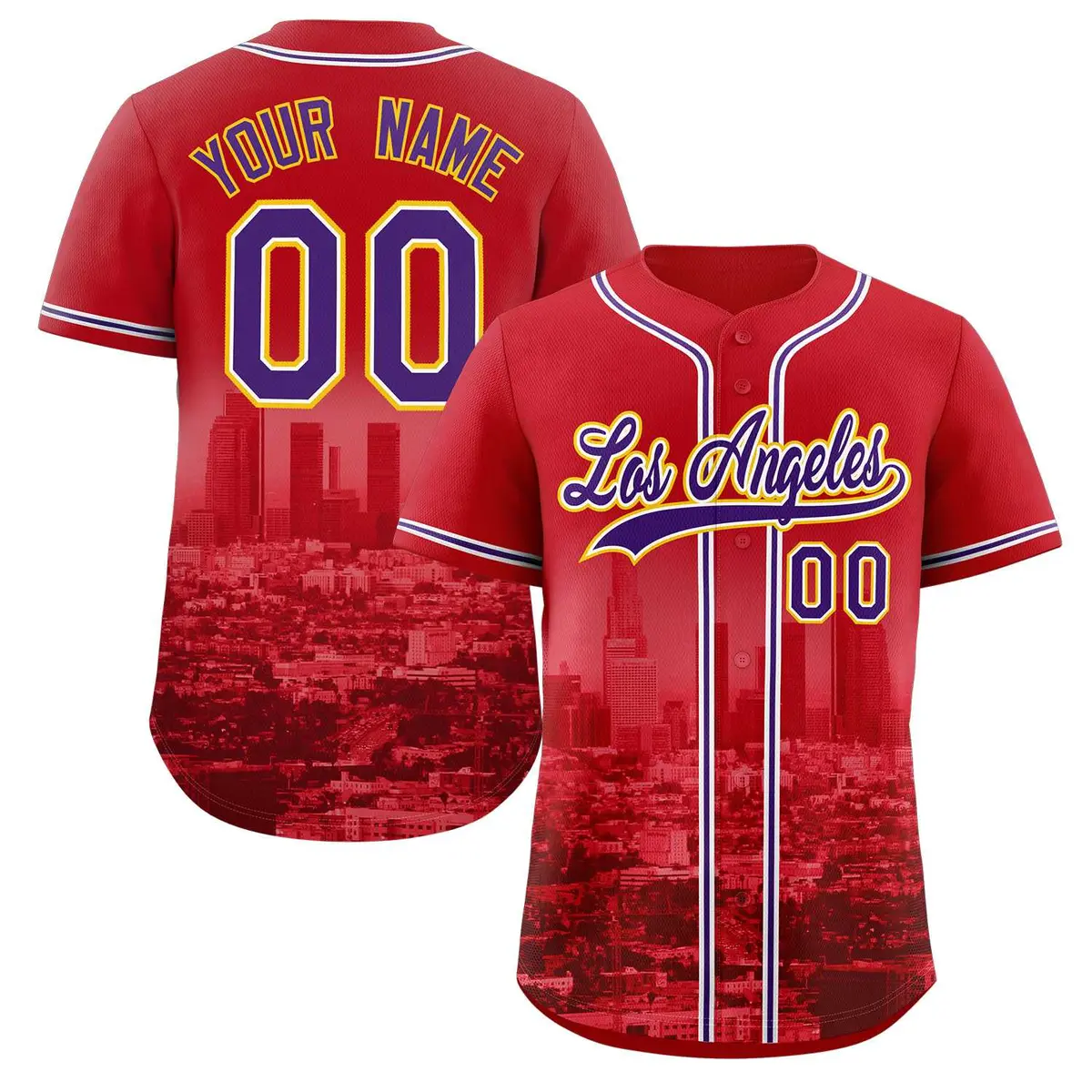Red Purple White Los Angeles City Skyline Baseball Jersey