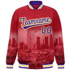 Red Purple-Yellow Los Angeles Skyline Varsity Full-Snap Track Jacket 3