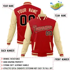 Red Red-Khaki Raglan Varsity Full-Snap Letterman Jacket 4