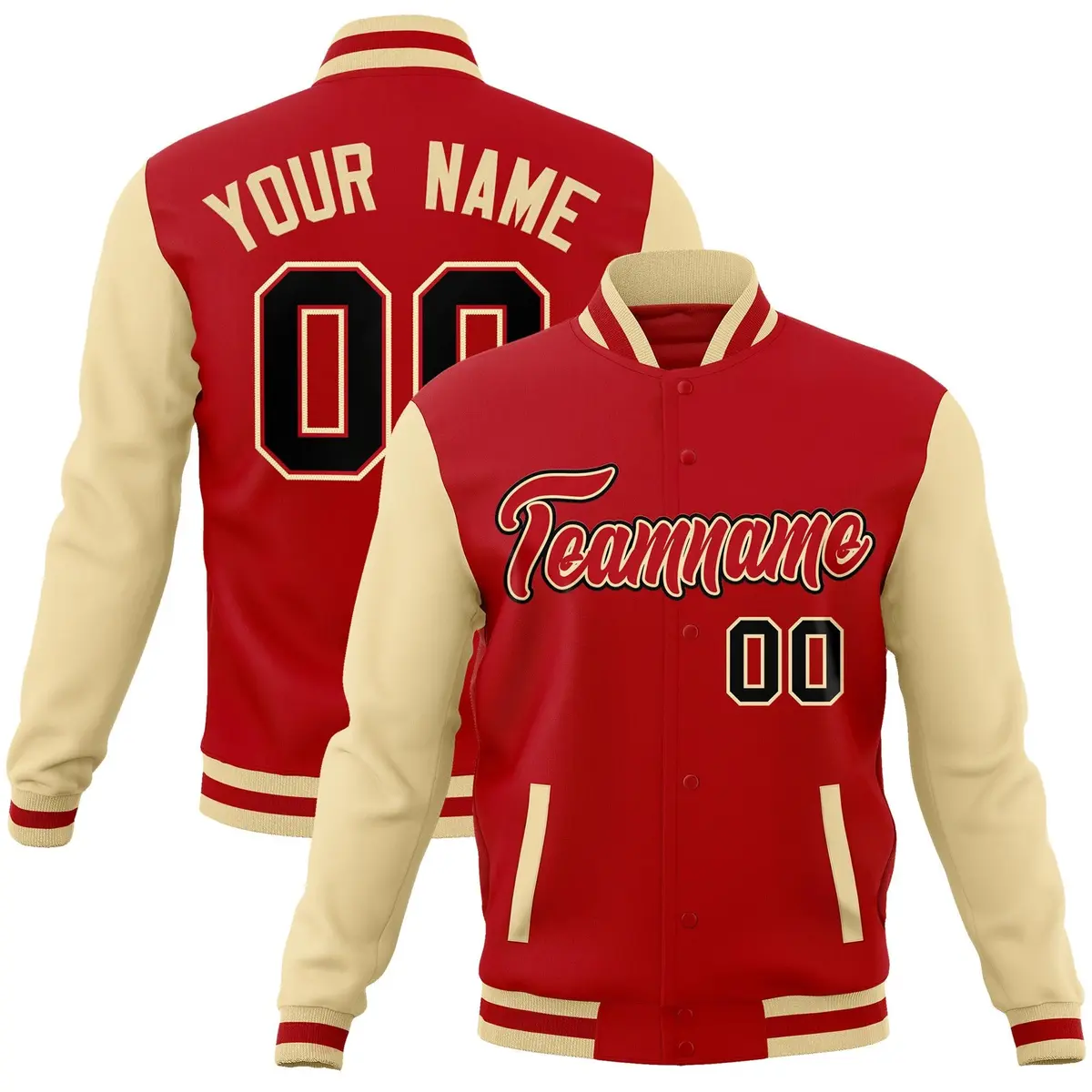 Red Red-Khaki Raglan Varsity Full-Snap Letterman Jacket