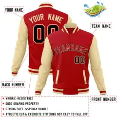 Red Red-Khaki Raglan Varsity Full-Snap Letterman Jacket 4