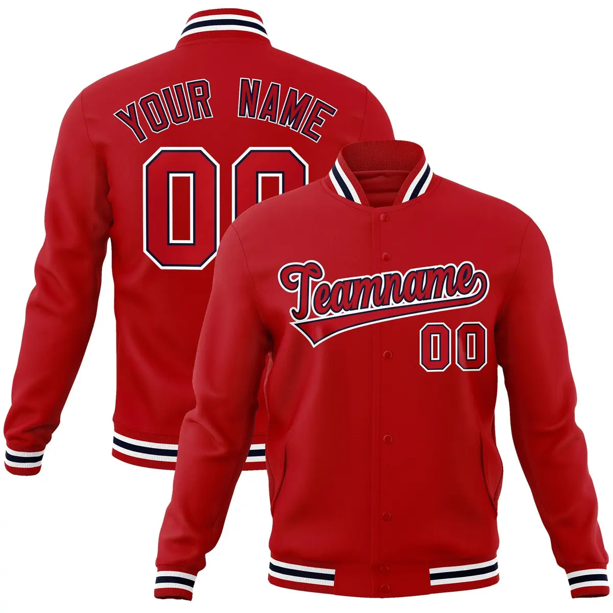 Red Red-Navy Classic Varsity Full-Snap Letterman Jacket