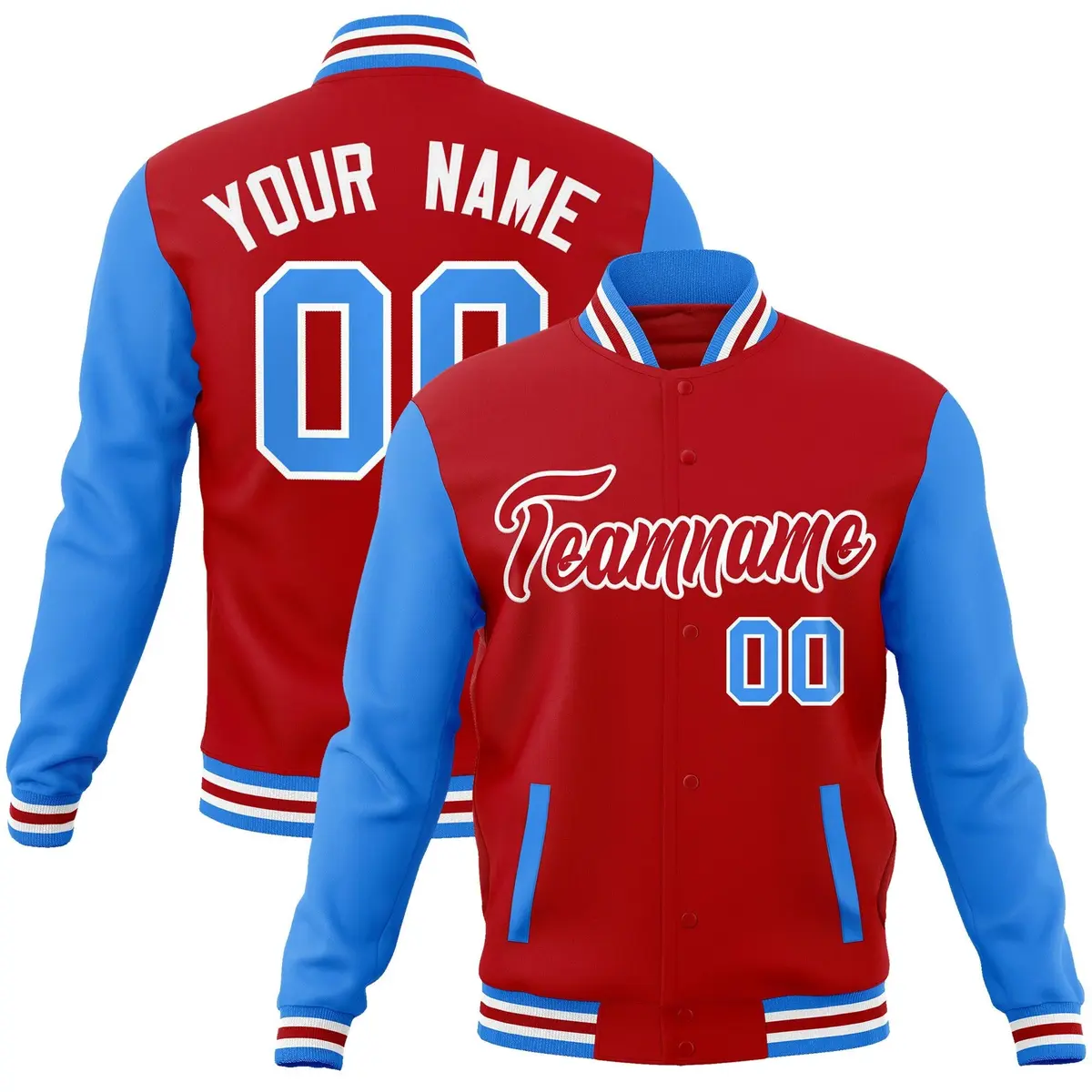 Red Red-White Raglan Sleeves Varsity Full-Snap Letterman Jacket