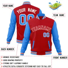 Red Red-White Raglan Sleeves Varsity Full-Snap Letterman Jacket 4