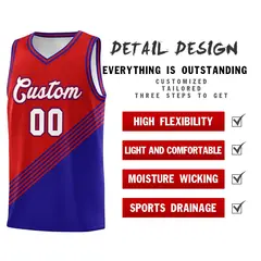 Red Royal Blue Diagonal Stripe Color Block Basketball Jersey 2
