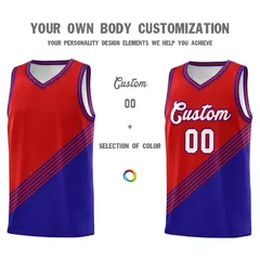Red Royal Blue Diagonal Stripe Color Block Basketball Jersey 3