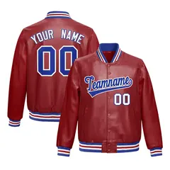 Red Royal Blue Faux Leather Letterman Jacket Full-Snap Varsity 1