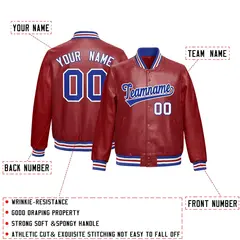 Red Royal Blue Faux Leather Letterman Jacket Full-Snap Varsity 2