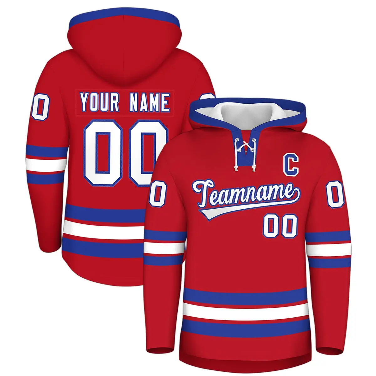 Red Royal Blue Lace-Up Neck Hockey Hoodie Classic Style